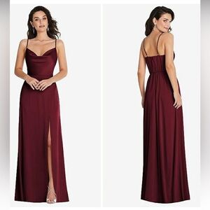 Dessy Thread Cowl Neck A-Line Adjustable Spaghetti Strap Cabernet Maxi Dress NWT